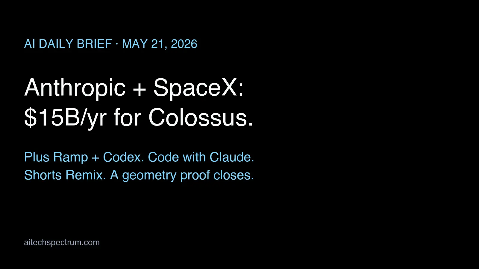 AI Daily Brief May 21 2026: SpaceX IPO S-1 reveals Anthropic pays $15 billion a year for Colossus compute access in Memphis, Ramp productizes OpenAI Codex on GPT-5.5 for code review, Code with Claude in London reframes developer conferences, YouTube Shorts Remix puts Gemini Omni generative video in front of a billion creators, and an OpenAI model closes the 80-year-old unit distance conjecture in discrete geometry