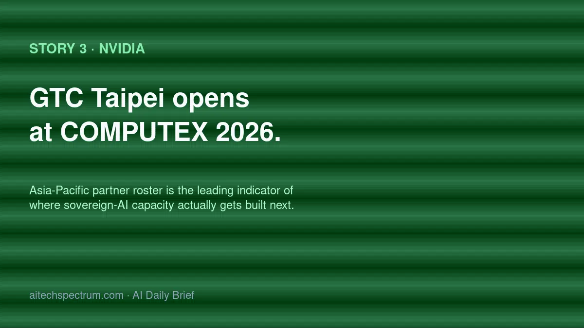 NVIDIA opens GTC Taipei at COMPUTEX 2026 with a live updates blog covering AI factories, scaling infrastructure, agentic AI and physical AI announcements, providing the post-Google-I/O hardware beat the week needed and putting the AI compute supply story in the spotlight alongside the model-and-product story