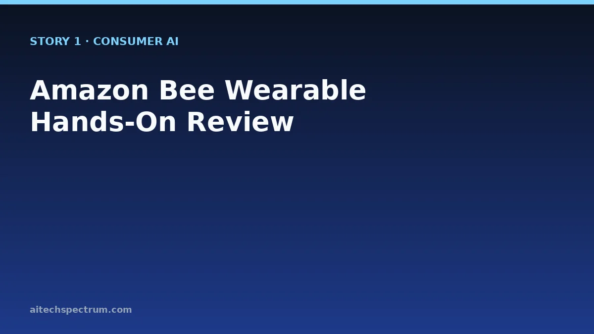 A reporter wears Amazon's Bee always-listening AI wearable clipped to her collar at a coffee shop, with a phone showing the Bee companion app's transcript and summary view; she pauses recording when a friend joins the table, illustrating the privacy mode toggle TechCrunch tested in its hands-on review and the everyday tradeoff between continuous capture and bystander awareness