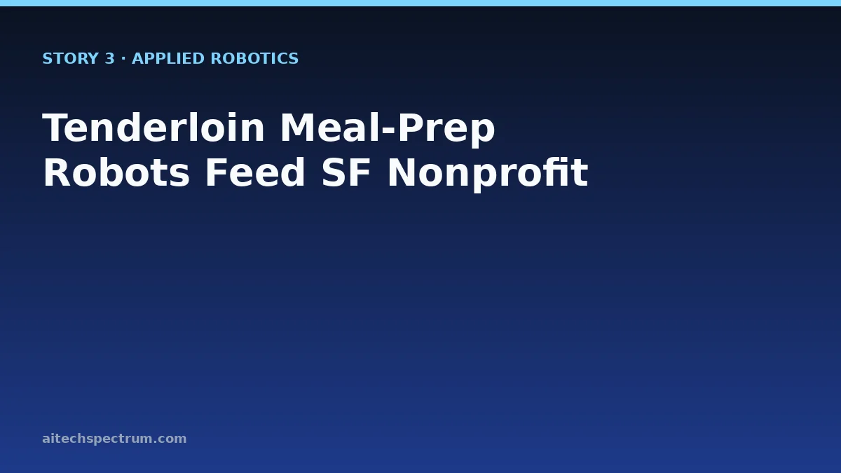 Inside a community kitchen serving the Tenderloin neighborhood of San Francisco, two collaborative robot arms portion grains and protein into compostable bowls beside a small team of human cooks; a wall-mounted dashboard tracks meals assembled per hour and ingredient cost per meal, illustrating the deployment Wired profiled where the operating question is whether robotic assistance lets the same nonprofit budget feed more people each week