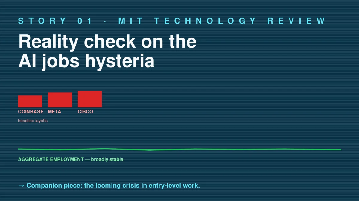Editorial illustration of MIT Technology Review's AI jobs reality-check piece — a split-screen newsroom layout showing recent layoff headlines from Coinbase, Meta, and Cisco on the left, and on the right a calmer labor-statistics chart with broadly stable aggregate employment in developed countries, an inset showing the looming crisis in entry-level work that the companion MIT TR piece highlights, suggesting the AI-jobs story is more nuanced than the press cycle implies