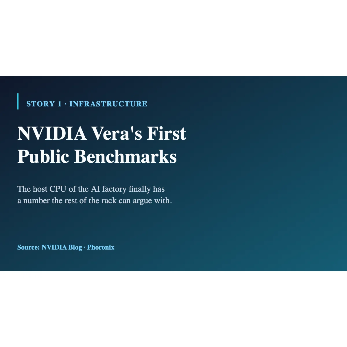 Editorial illustration of NVIDIA's Vera CPU benchmark debut — a stylized die shot of the Vera CPU at center, surrounded by a Phoronix-style benchmark dashboard showing many-core throughput, sustained all-core performance, and memory-bandwidth charts, with a callout reading 'host CPU for the AI factory' and small icons representing the agentic workloads (multi-process orchestration, vector search, retrieval) the chip is positioned for
