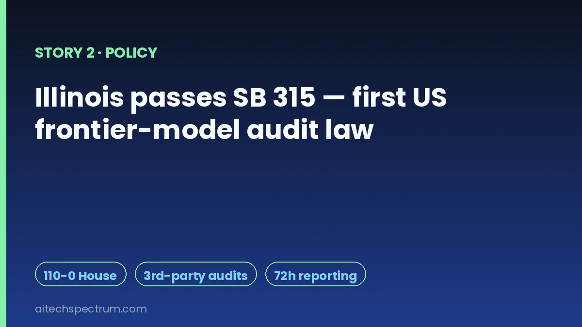 Editorial illustration of Illinois SB 315 — a state capitol dome with a frontier-AI audit stamp, a checklist showing published safety plans, annual third-party evaluations, and a 72-hour incident-reporting clock, and a small note that the law covers developers above 500 million dollars in revenue