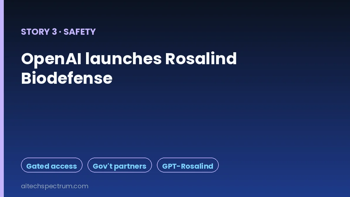 Editorial illustration of OpenAI Rosalind Biodefense — a shield motif over a public-health and pandemic-preparedness lab scene, with a gated-access lock indicating vetted developers and US government partners and a small GPT-Rosalind model tag