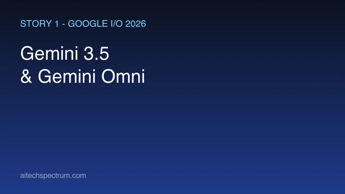 Editorial illustration of Google I/O 2026 — an event stage with two model badges reading Gemini 3.5 and Gemini Omni, a row of demo-video thumbnails, and a multimodal motif showing text, image, audio, and video inputs converging into one model