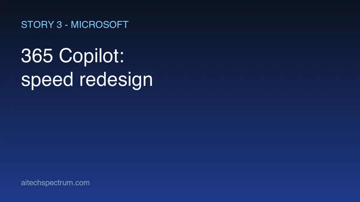 Editorial illustration of the Microsoft 365 Copilot redesign — a cleaner assistant panel with a speed gauge pointing to fast, structured scannable response blocks, and desktop-and-mobile device frames showing the same refreshed layout
