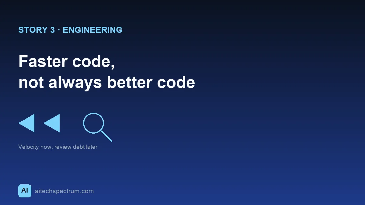 Editorial illustration of the AI code-quality tradeoff — a code editor with a fast-forward speed arrow on one side and a magnifying glass over a bug and a caution mark on the other, with a developer at a keyboard reviewing output