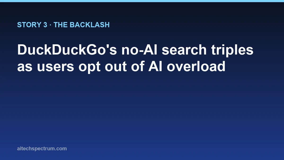 Editorial illustration of the no-AI search backlash — a clean search bar with a crossed-out AI sparkle icon, a line chart tripling upward, and two browser badges for Chrome and Firefox showing an install-as-default button
