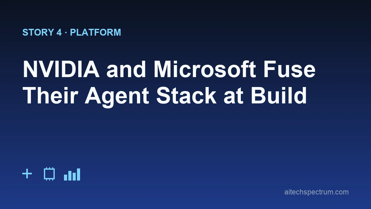 Editorial illustration of the NVIDIA and Microsoft agent stack — a layered diagram connecting an RTX Spark laptop, a DGX desk supercomputer, and an Azure cloud, with model blocks labeled Nemotron, Claude, and OpenAI sitting on a Foundry layer and an OpenShell shield around each agent