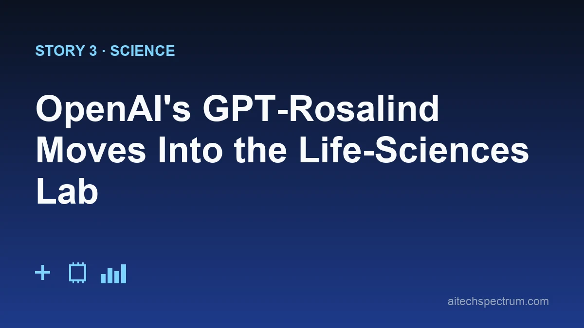 Editorial illustration of GPT-Rosalind for life sciences — a split workspace showing a genomics analysis notebook with QC charts on one side and a molecular structure viewer highlighting a mutated residue on the other, with an AI agent reasoning across literature, sequence, and experimental data