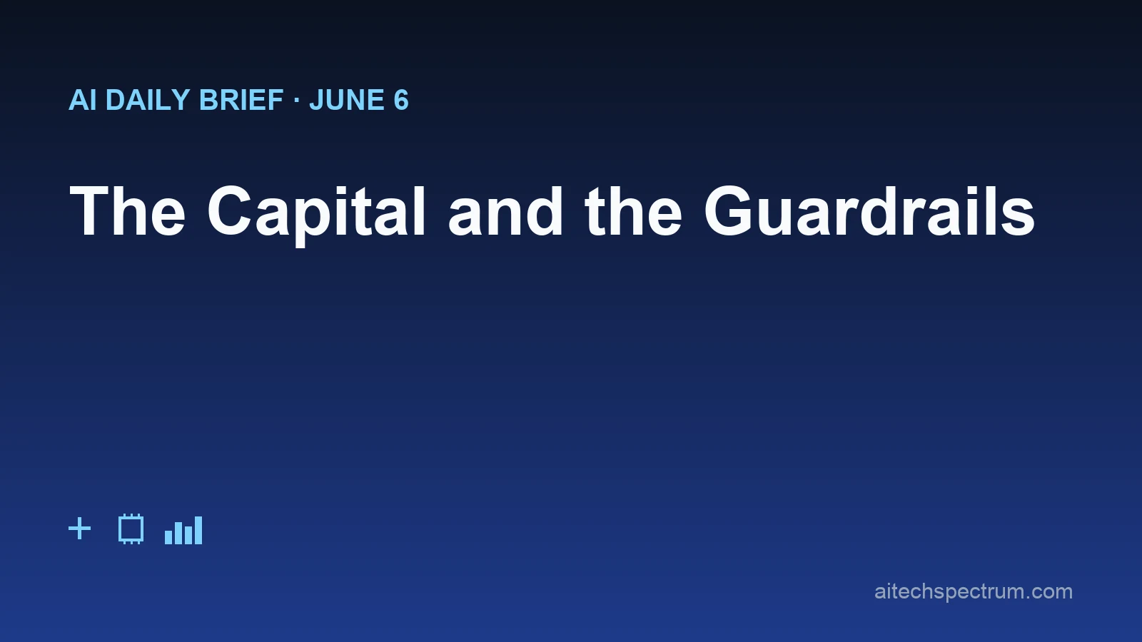 AI Daily Brief June 6 2026 hero illustration: a five-panel editorial mosaic — a Google logo wired to a SpaceX rocket over a rack of GPUs with a $920M-per-month meter; an IPO bell beside a rising-and-questioned returns chart; a smartphone showing a ChatGPT memory summary card; a shield labeled content safety scanning text and an image; and a microscope with a biodefense readiness checklist