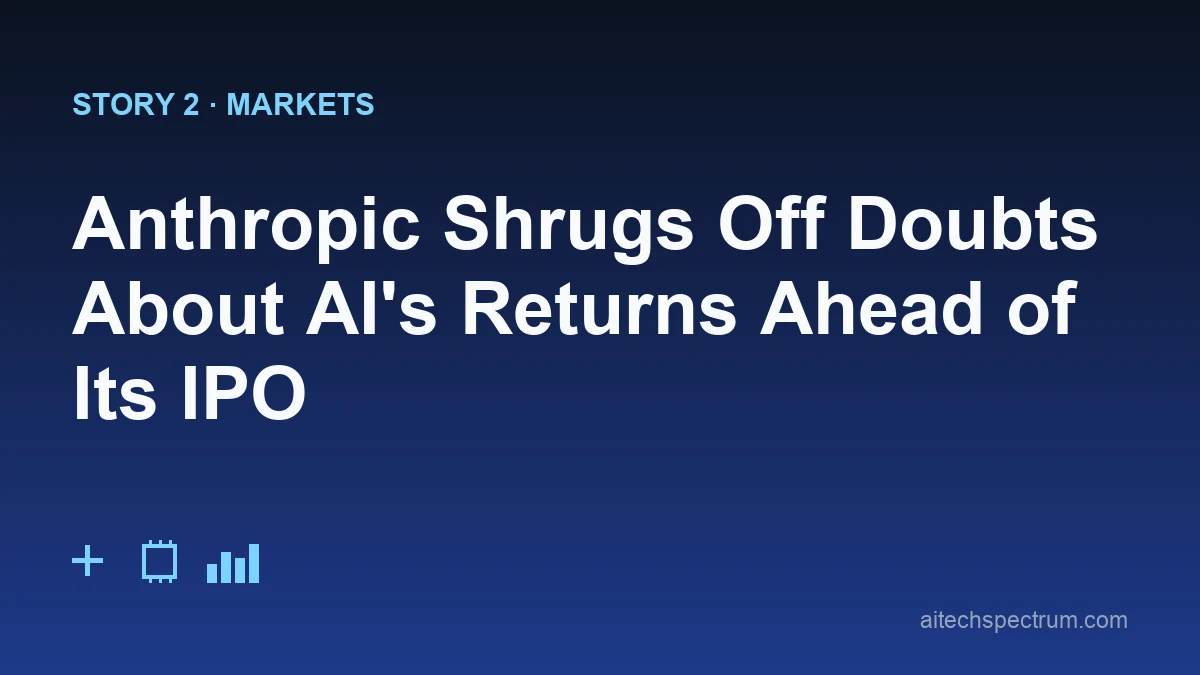 Editorial illustration of the AI returns debate — an IPO bell on one side and a chart with both an upward revenue arrow and a question mark on the other, with a balance scale weighing capital spending against returns