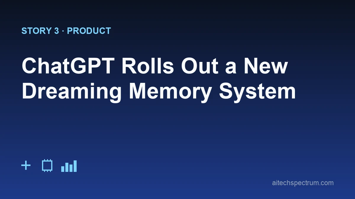 Editorial illustration of ChatGPT's new memory system — a smartphone showing a reviewable memory summary card with editable preferences, a background process icon labeled dreaming synthesizing past chats, and a clock indicating memories that update as time passes