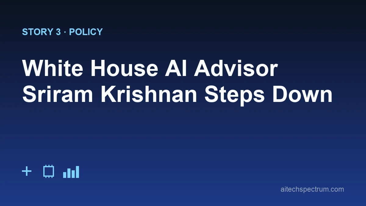 Editorial illustration of the White House AI advisor's exit — an empty advisor's chair beside the White House with an AI-policy nameplate, and an arrow pointing to a new outside institution building