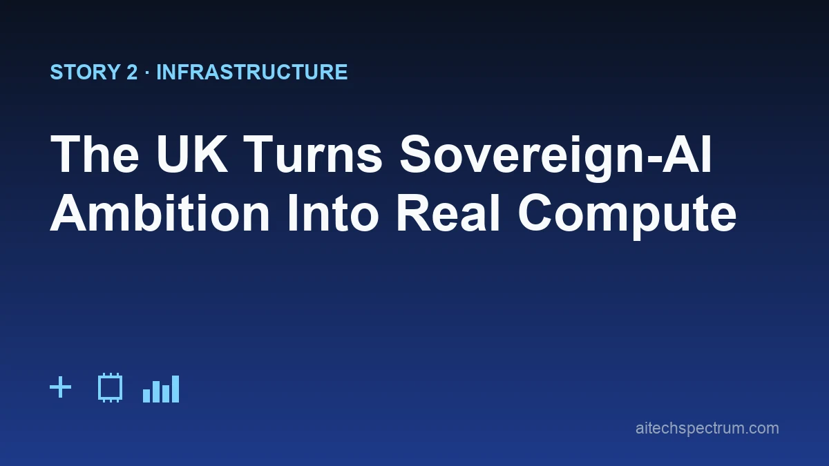 Editorial illustration of UK sovereign AI — a row of liquid-cooled server racks under a Union Jack, a supercomputer labeled Isambard-AI, and small startup nameplates plugged into a national compute grid