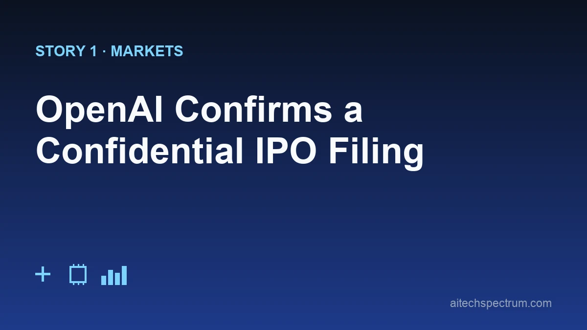 Editorial illustration of OpenAI's IPO filing — a ticker tape feeding out of an exchange terminal stamped with the words confidential S-1, a small crowd of investor silhouettes watching, and a calendar with the timing left deliberately blank