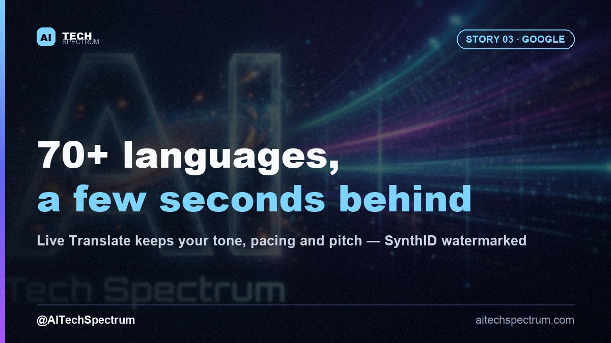 Editorial illustration of Gemini 3.5 Live Translate — a continuous speech waveform flowing through a translation prism and emerging as the same waveform shape in a different color, with small flags suggesting many languages and a phone held to an ear