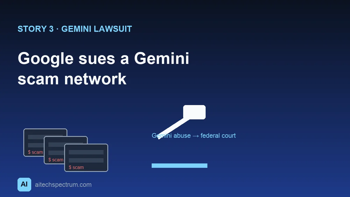 Editorial illustration of the Gemini-abuse lawsuit — a gavel coming down over a tangle of fake login pages and phishing text bubbles stitched together from AI-generated code, with a shield labeled Gemini in the background