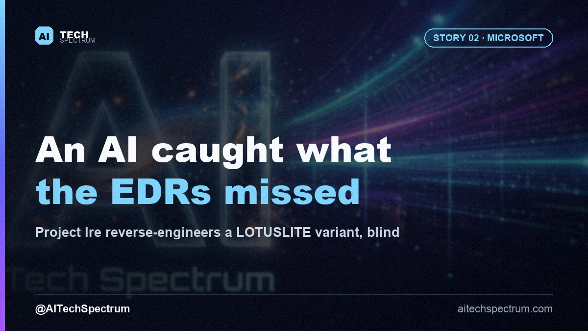 Editorial illustration of Project Ire — an AI magnifying glass disassembling a glowing binary file into labeled function blocks for install routine, command-and-control and persistence, while three endpoint-shield icons beside it stay dim and undetecting