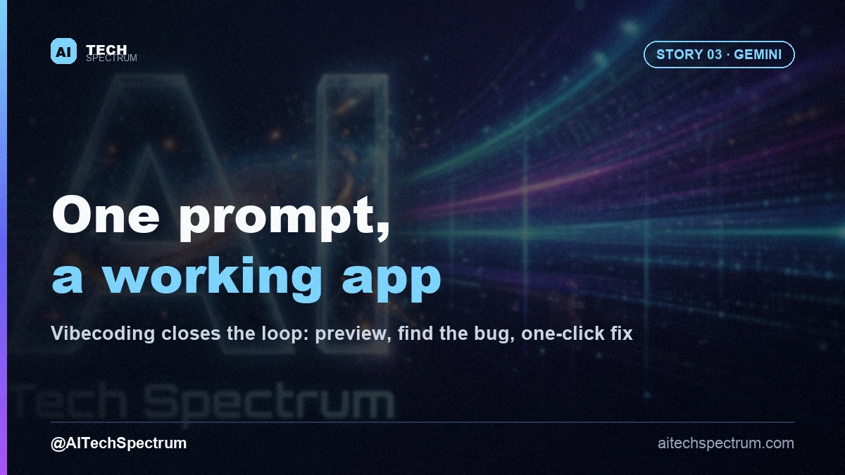 Editorial illustration of vibecoding — a person speaking a single sentence that assembles itself into stacked app-interface blocks in a preview window, with a small bug icon and a one-click fix button glowing beside it