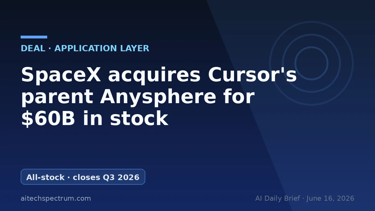 Editorial illustration of the SpaceX-Cursor deal: a rocket emblem pulling a text-editor cursor and a coding-agent chip into its orbit, an all-stock conversion arrow turning startup shares into rocket-company stock, with a regulatory stamp pending in the corner