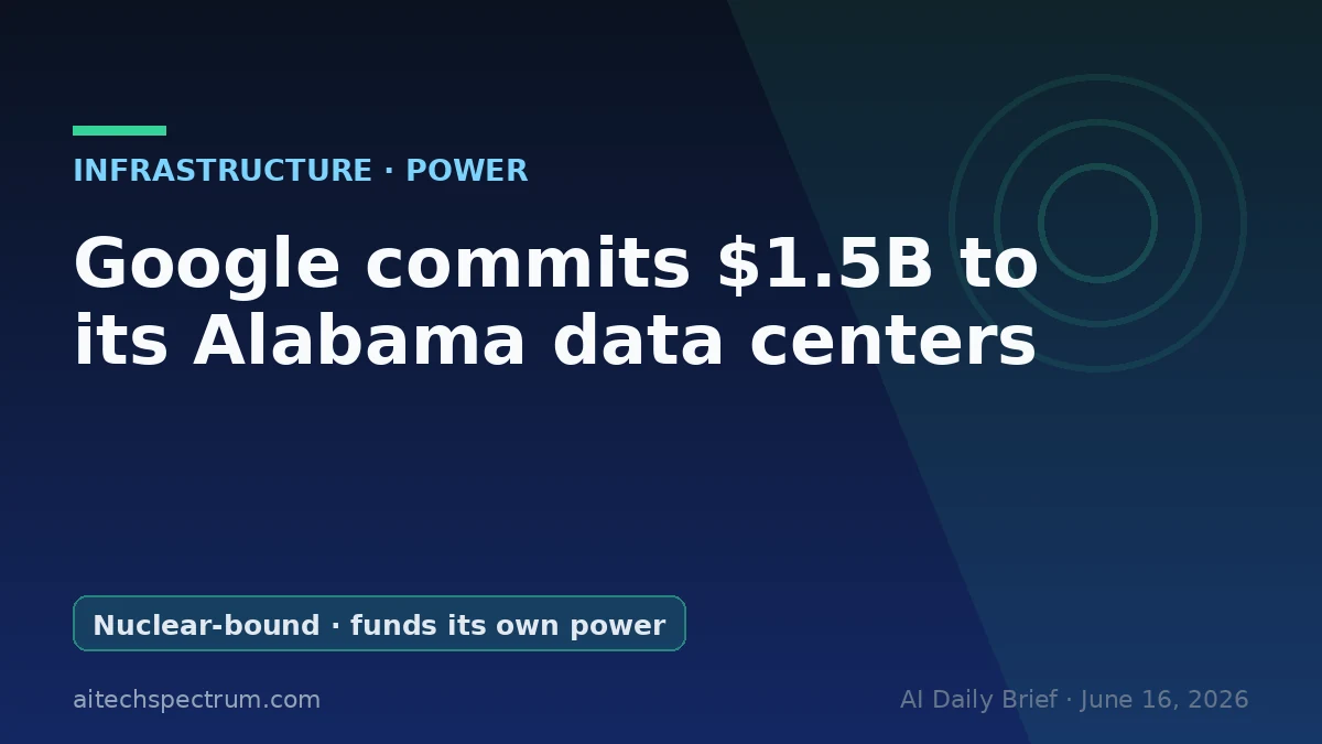 Editorial illustration of Google's Alabama investment: a data-center campus on a former coal-plant site, wired to a small modular nuclear reactor and a transmission pylon, with a community-fund ribbon and STEM-kit icons in the foreground