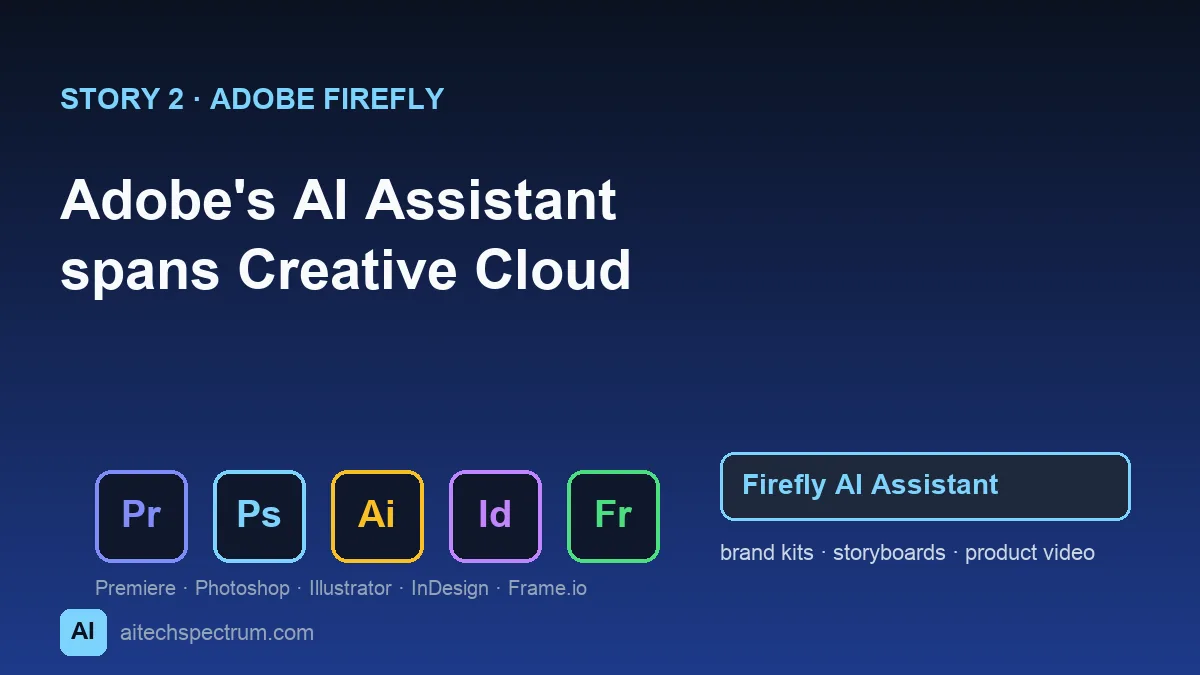 Illustration of Adobe's Firefly AI Assistant spanning Creative Cloud apps — Premiere, Photoshop, Illustrator, InDesign and Frame.io — with a sidebar assistant that builds brand kits, storyboards and product video