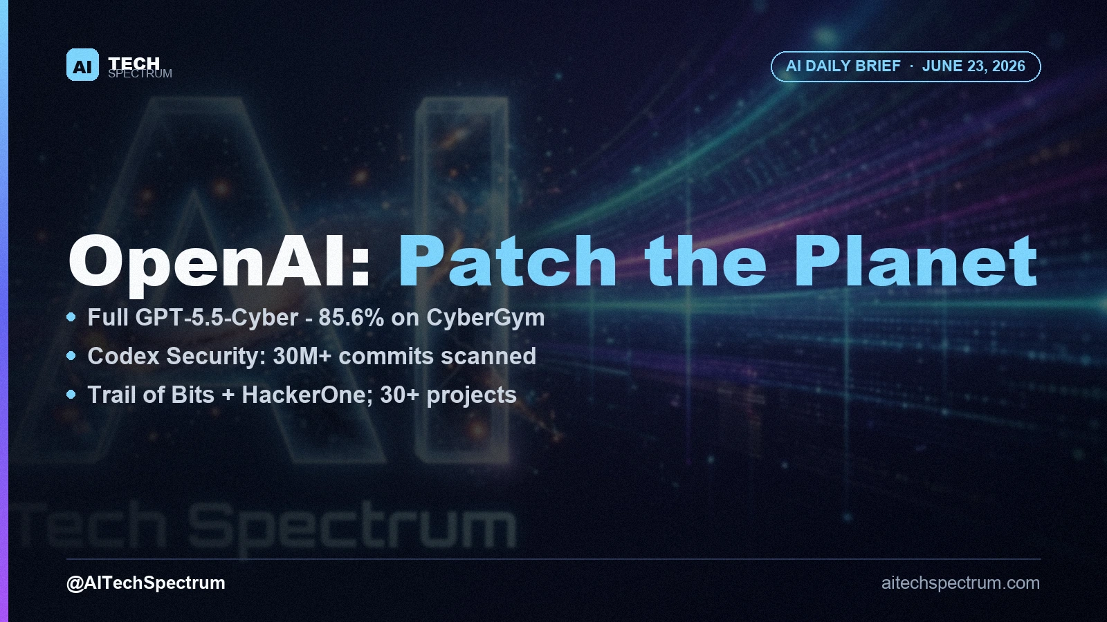 Card summarizing OpenAI's Daybreak expansion: full release of GPT-5.5-Cyber scoring 85.6 percent on CyberGym versus 81.8 percent for GPT-5.5; Codex Security has scanned over 30 million commits across more than 30,000 codebases with 500,000-plus findings auto-fixed; and a Patch the Planet initiative with Trail of Bits and HackerOne spanning 30-plus open-source projects including cURL, Go and Python
