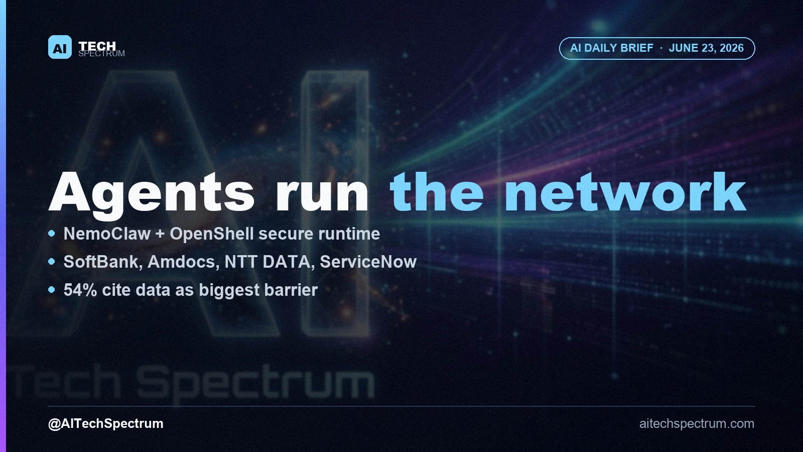 Card on NVIDIA's DTW Ignite 2026 telecom announcements: NemoClaw blueprints and the OpenShell secure runtime give long-running agents policy-based guardrails and sandboxed access to telecom systems; partners include SoftBank, Amdocs, NTT DATA, ServiceNow and TCS; and 54 percent of operators cite data-related issues as their biggest barrier to building telecom-domain models