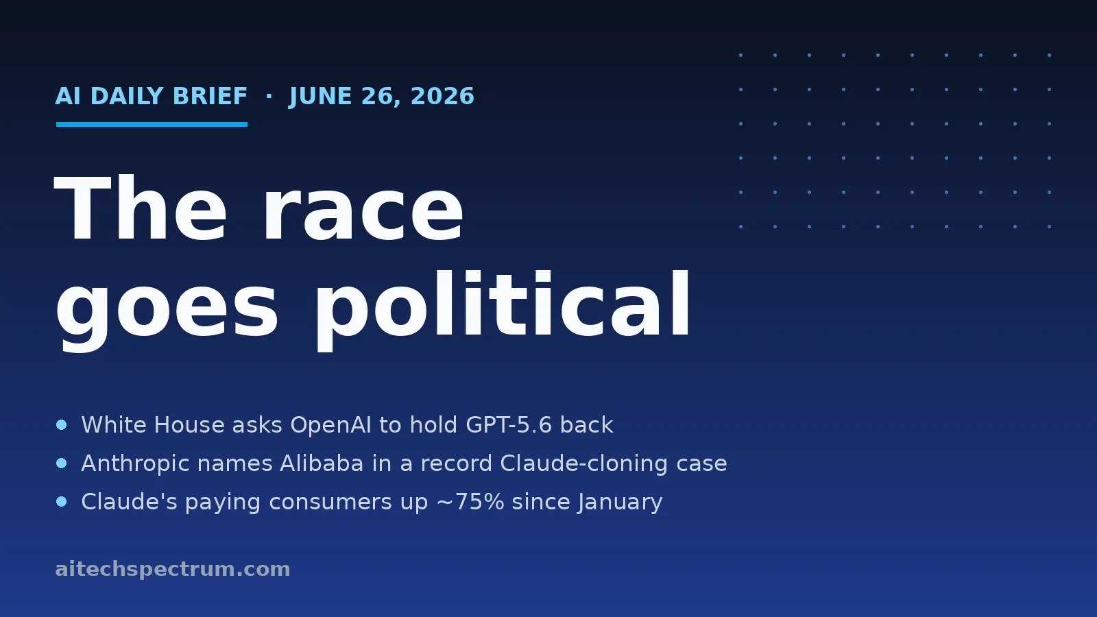 AI Tech Spectrum daily brief cover for June 26, 2026, headline 'The race goes political', with bullets on the White House asking OpenAI to hold back GPT-5.6, Anthropic accusing Alibaba of a 25,000-account 28.8 million-query Claude-cloning campaign, and Claude's paying consumers up about 75 percent since January
