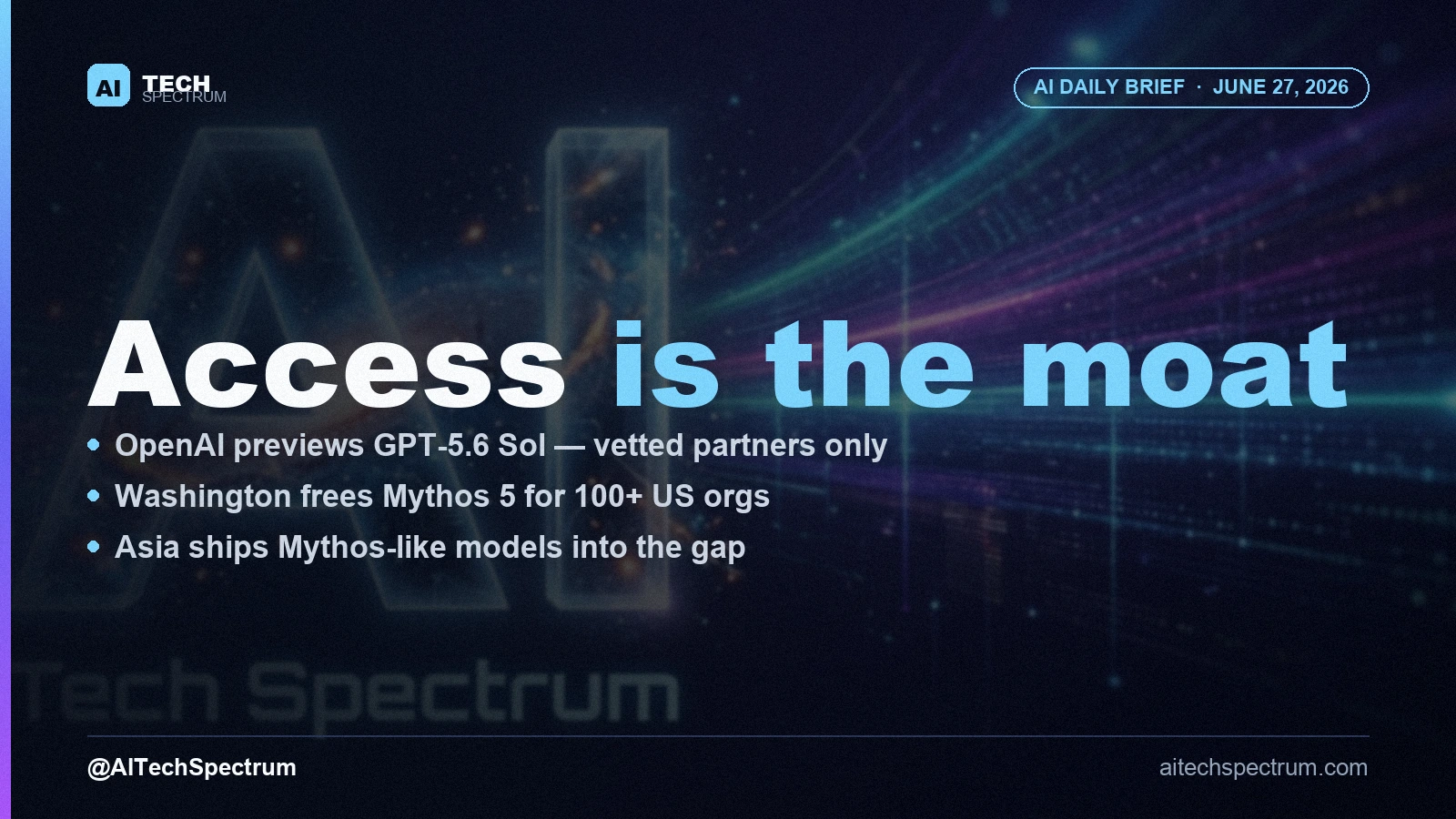 AI Tech Spectrum daily brief cover for June 27, 2026, headline 'The gated frontier goes live', with bullets on OpenAI previewing GPT-5.6 Sol behind a government-vetted partner list, the Commerce Department releasing Anthropic's Mythos 5 to more than 100 US organizations, and Asian labs Sakana and 360 shipping Mythos-like models