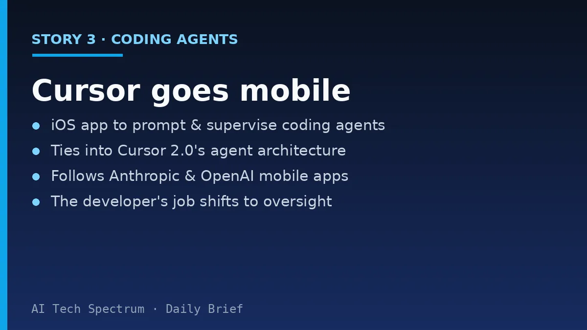Card summarizing the Cursor story: Cursor launched an iOS app that lets developers prompt and supervise coding agents from their phone, tying into the agent-centric architecture from Cursor 2.0 released in October, following similar mobile apps from Anthropic and OpenAI