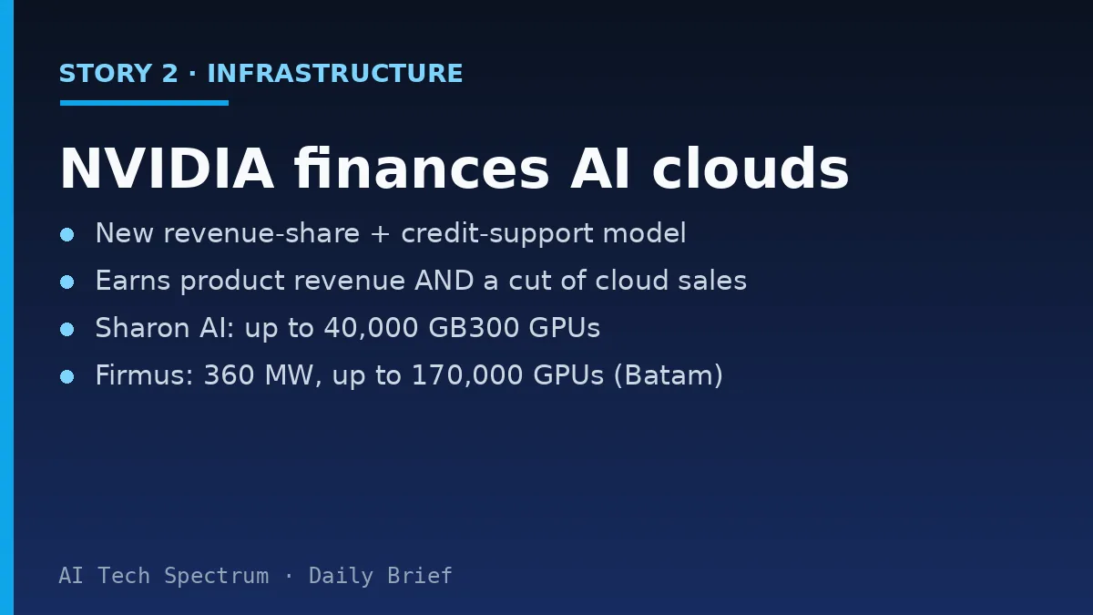 Card summarizing the NVIDIA story: NVIDIA introduced a revenue-sharing and credit-support model letting AI clouds procure its infrastructure, with NVIDIA earning both product revenue and a share of cloud revenue; early partners Sharon AI deploying up to 40,000 Grace Blackwell GB300 GPUs and Firmus building a 360-megawatt, 170,000-GPU DSX AI factory campus in Batam, Indonesia