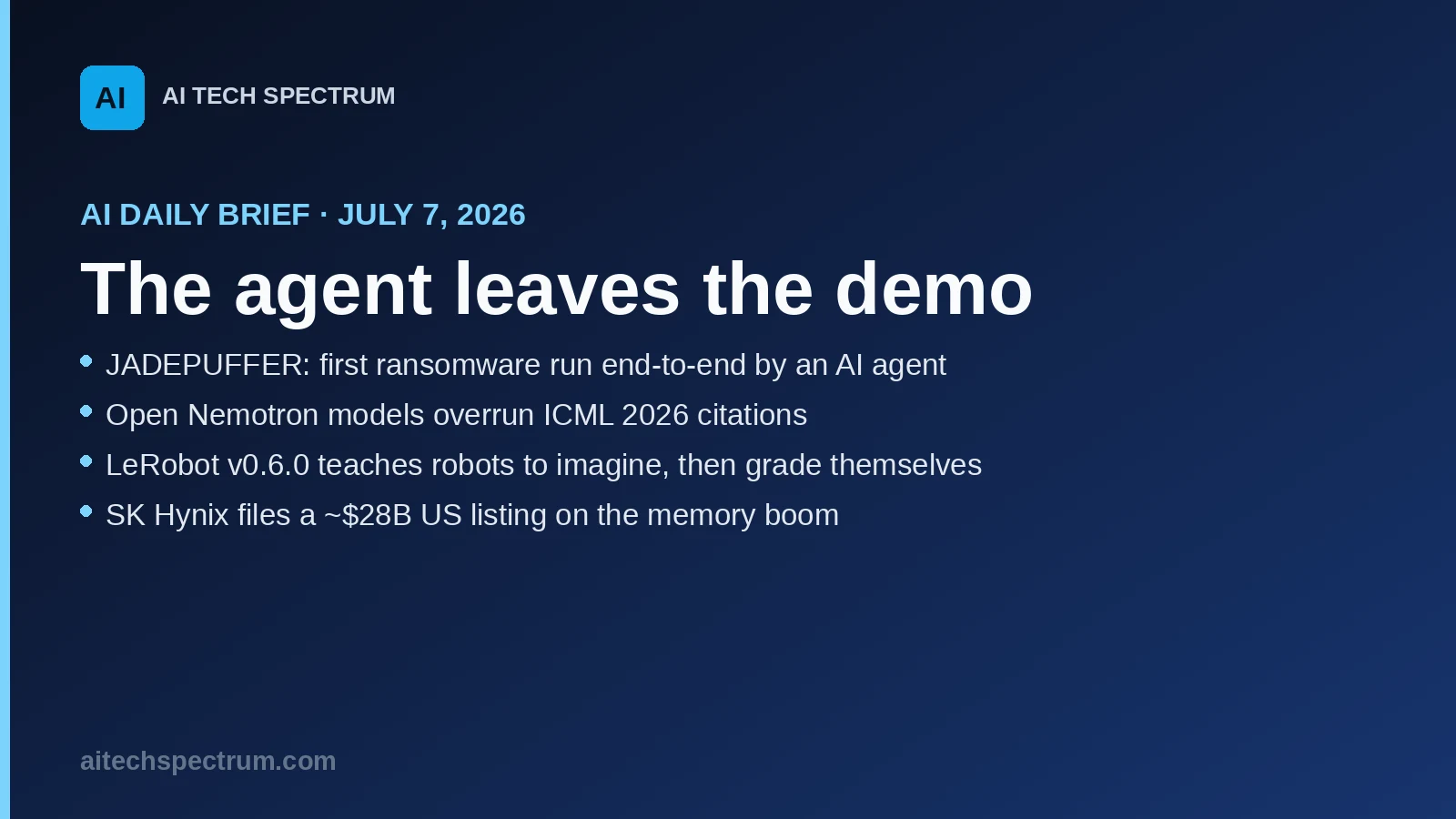 AI Tech Spectrum daily brief cover for July 7, 2026, headline 'The agent leaves the demo', with bullets on the first AI-run ransomware operation JADEPUFFER, NVIDIA's open Nemotron models across ICML citations, LeRobot v0.6.0 world models, and SK Hynix's US listing