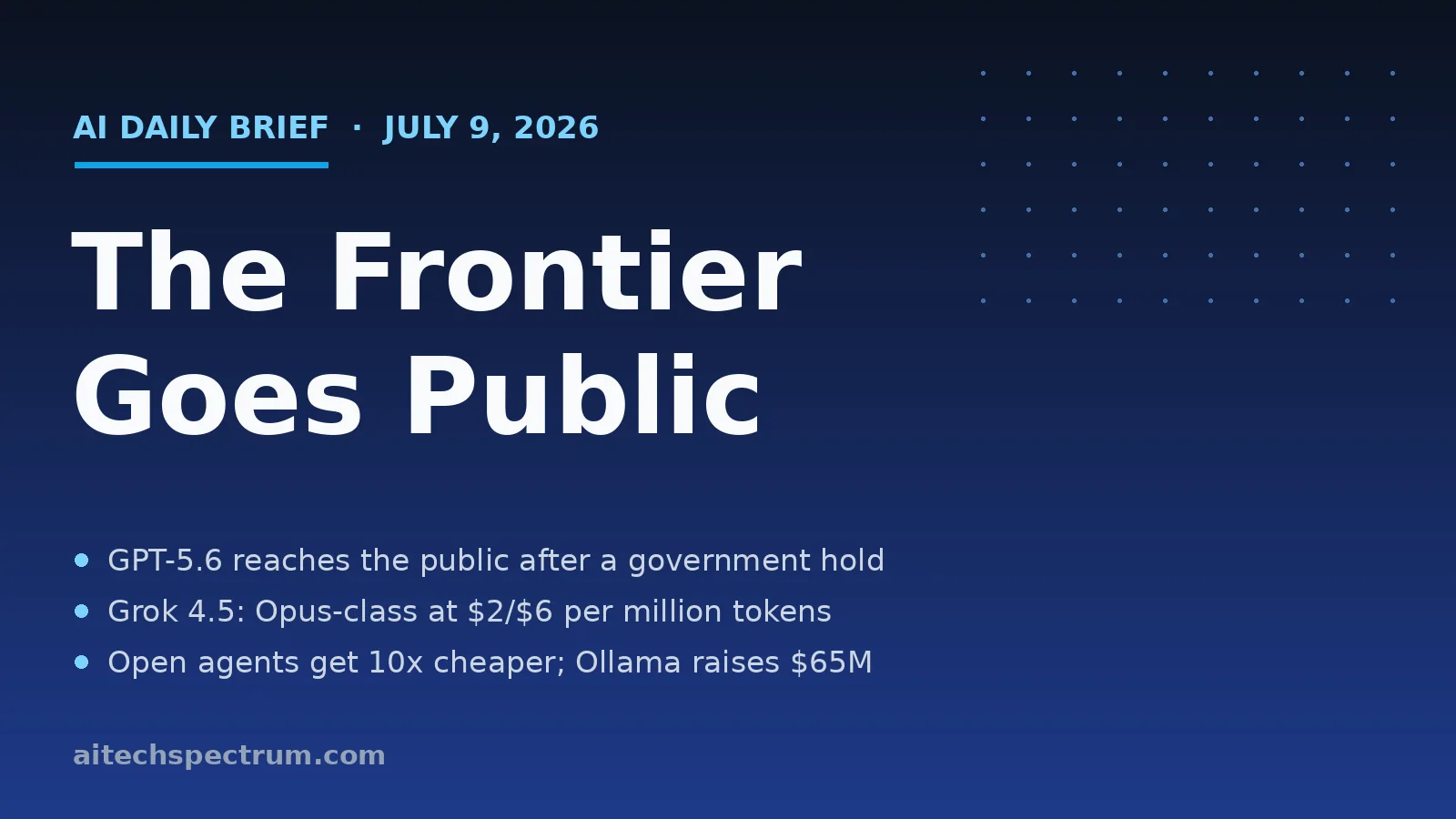 AI Tech Spectrum daily brief cover for July 9, 2026, headline 'The frontier goes public', with bullets on GPT-5.6 Sol, Terra and Luna reaching the public after a government-requested preview, SpaceXAI's Grok 4.5 pricing at $2 and $6 per million tokens, NVIDIA and LangChain running Nemotron 3 Ultra agents at a tenth of the cost, Ollama's $65 million Series B, and Anthropic's Claude Reflect dashboard